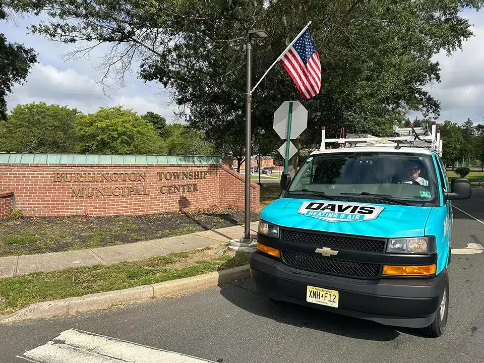 Davis Heating & Air truck in Burlington Township center.