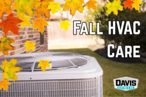 an HVAC unit in the foreground of a photo of a home in Cherry Hill, NJ, with a decorative border of fall leaves to remind homeowners about fall HVAC maintenance